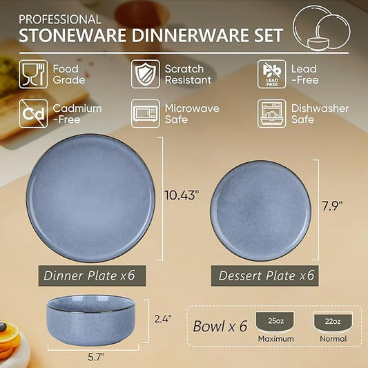 Herogo 18-Piece Stoneware Dinnerware Sets for 6, Stackable Dinner Plates and Bowls Sets, Double Reactive Glaze Dishware Place Setting for Kitchen, Scratch Resistant, Microwave Safe, Haze Blue