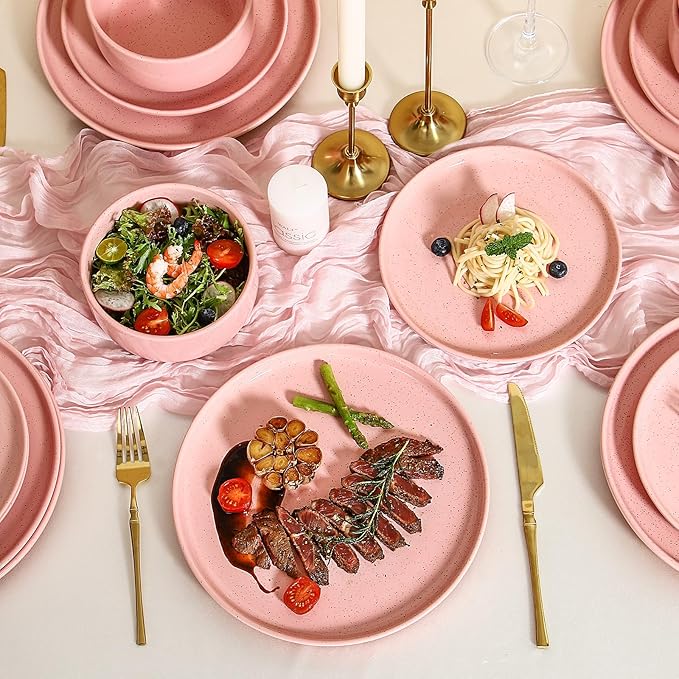 GZG Modern Art Series - 6 Pcs Speckled Stoneware Plates and Bowls Sets, Ceramic Dinnerware Set with Rustic Terracotta Underside, Microwave and Dishwasher Safe Handcrafted Dishes Set - Blush Pink