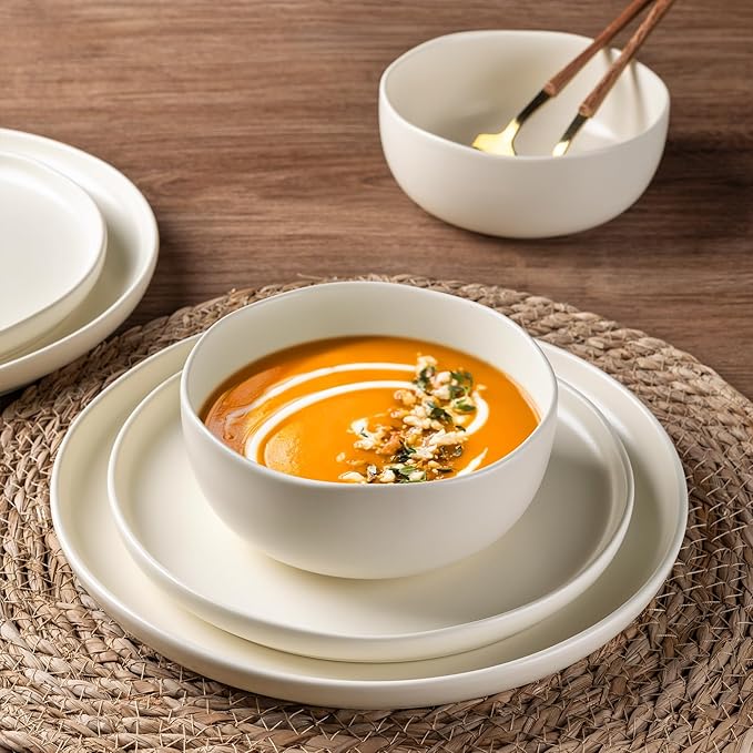 AmorArc Stoneware Dinnerware Sets, Wavy Rim Ceramic Plates and Bowls Sets, Highly Chip and Crack Resistant | Dishwasher & Microwave & Oven Safe Dishes set, Service for 8 (24pc)