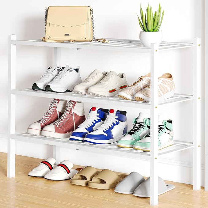Smiry Shoe Rack, 3 Tier Small Bamboo Shoe Organizer, Stackable Free Standing Wooden Shoe Storage Shelf for Closet, Entryway, Front Door Entrance, White