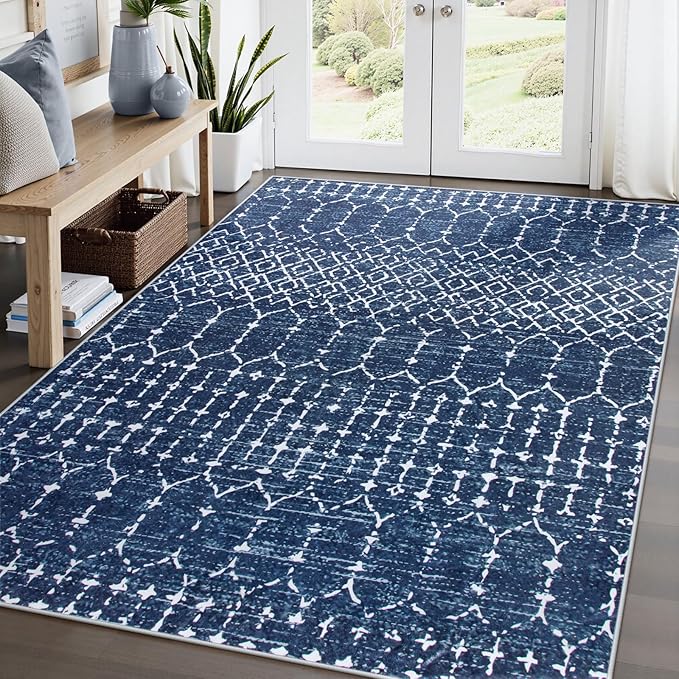 Lahome Moroccan Blue Rugs for Living Room - Washable Rugs 8x10 Non-Slip Ultra-Thin Extra Large Area Rug Throw Stain Resistant Rug for Dining Room Table, Geometric Print Modren Rug for Bedroom Office