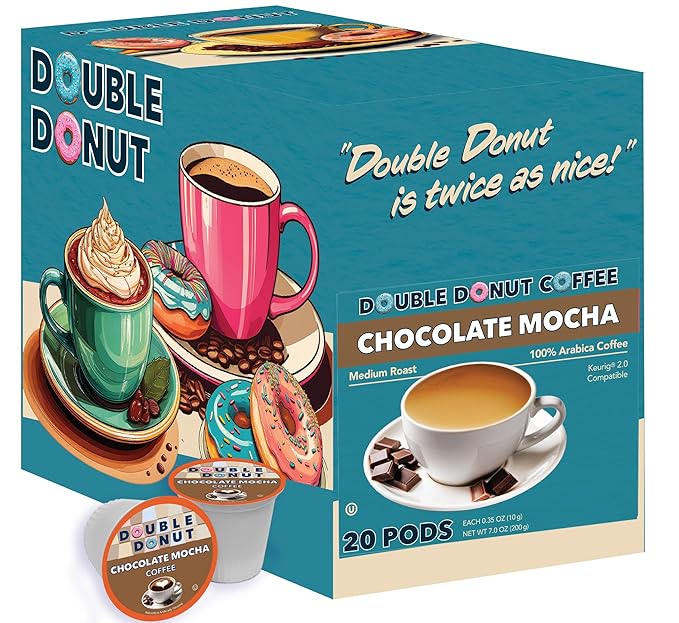 Double Donut Coffee Chocolate Mocha Flavored Coffee Pods, Medium Roast for Chocolate Coffee Lovers, Compatible with Keurig K Cups Brewers, 20 Count