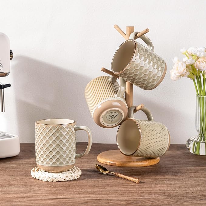 GBHOME Large Coffee Mugs Set of 4, 16oz Handmade Stoneware Coffee Mugs Set with Large Handle for Cappuccino/Latte/Tea/Hot Cocoa, Dishwasher & Microwave Safe-Pale khaki
