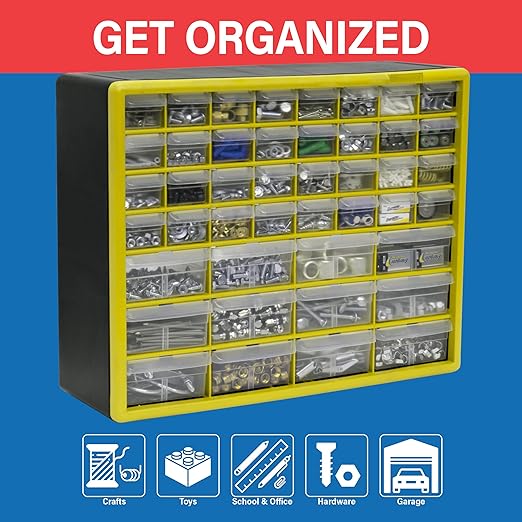 Akro-Mils 44-Drawer Plastic Drawer Storage Cabinet for Garage Organization, Bead Organizer, Building Bricks Storage, Teacher Toolbox, Makeup Organizer, 20" W x 6" D x 16" H, 10144 Yellow