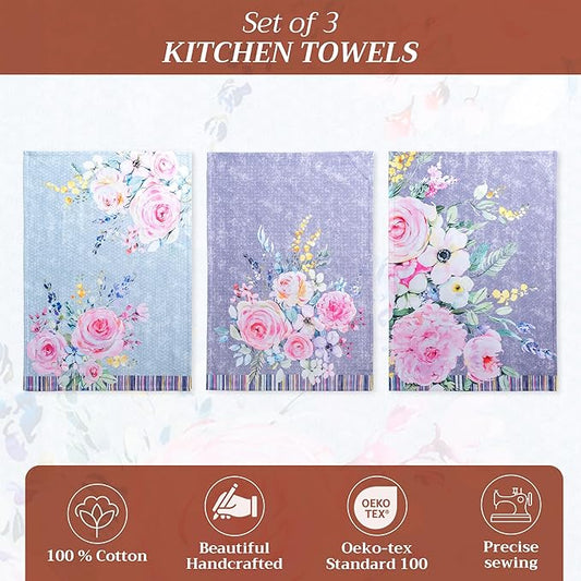 Maison d' Hermine Kitchen Towels Set of 3 100% Cotton 27.50" x 20" Reusable Cloth Tea Dish Towels Absorbent with Hanging Loop for Kitchen, Cocktail Parties Spring/Summer (Sweet Rose Lavender - Lush)