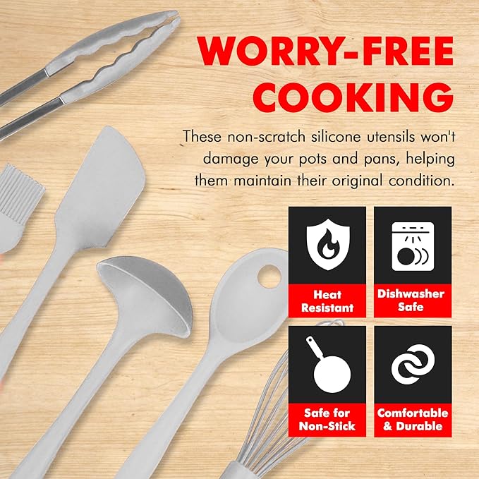 Chef Craft - Premium Silicone Kitchen Tools and Utensils Set, Non-Scratch, Withstands Temperatures up to 450°F, BPA-Free, 9 Piece Cooking Utensils Set, Gray
