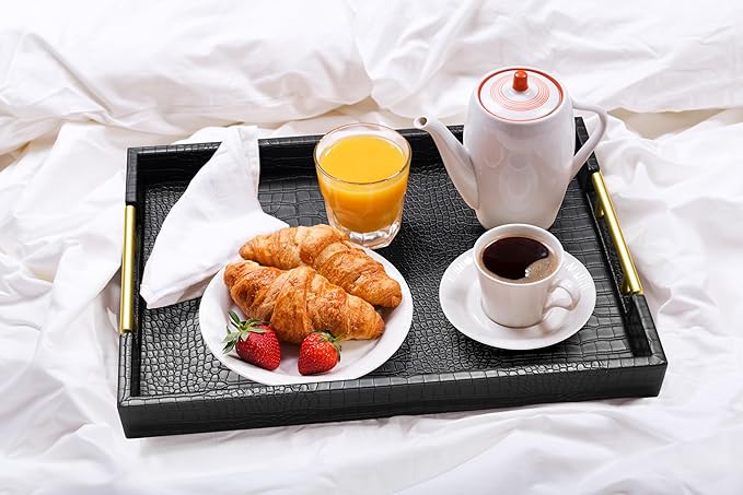 17" x 12" Wood Serving Tray with Gold Polished Metal Handles, Home Decorative Wooden Rectangle Ottoman Leather Decor Platter Bathroom Vanity Tray for All Occasions Alligator Black