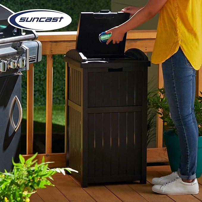 Suncast Trash Hideaway Durable Plastic Outdoor Garbage Waste Trash Can with Lid for 30 to 33 Gallon Trash Bags, Java Brown (2 Pack)