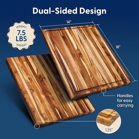 Sonder Los Angeles, Large Teak Wood Cutting Board for Kitchen with Juice Groove, Reversible Charcuterie Butcher Block 18x14x1.25 in (Gift Box Included)