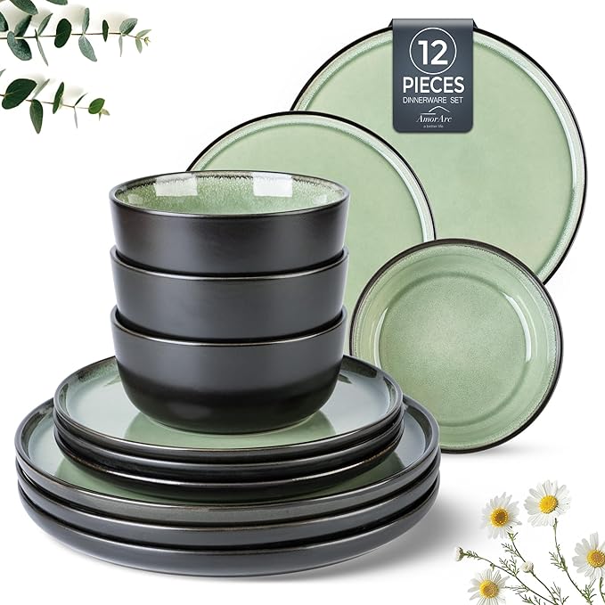 AmorArc Stoneware Dinnerware Sets,Round Reactive Glaze Plates and Bowls Set,Highly Chip and Crack Resistant | Dishwasher & Microwave Safe Dishes Set,Service for 4 (12pc)