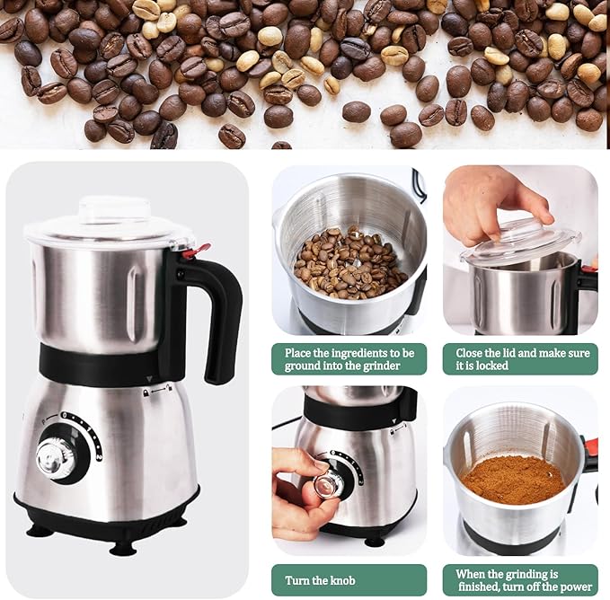 Electric Grinder for Kitchen - 500W Grain Mill with 3 Stainless Steel Blades, Versatile Spice Grinder for Coffee, Grinding Spices, Bean, Grains, Nuts (Black)