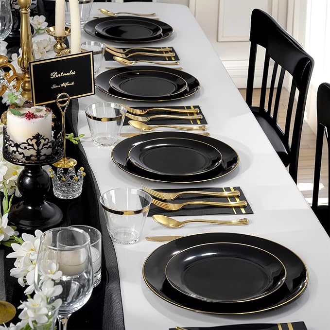 NOCCUR 350PCS Black and Gold Plastic Plates - Black Disposable Dinnerware Set for 50 Guests, 100 Dinner/Dessert Plates, 150 Gold Silverware, 50 Cups&50 Napkins for Party/Birthday/New Year