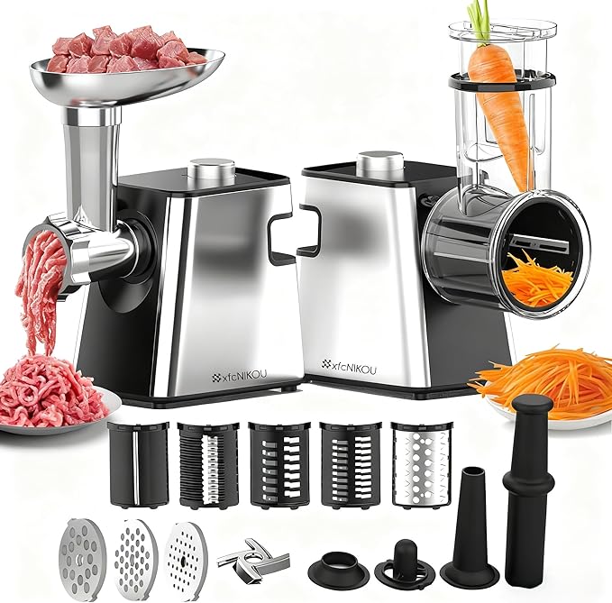 Electric Meat Grinder, Cheese Grater, 2800W Max Stainless Steel Veggie Shredder, Vegetable Cutter with 5 Slice Blades, 3 Grinding Plates, Sausage Stuffer & Kubbe Kit, for Home Kitchen Use