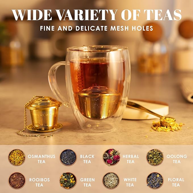 Tea Infuser (Set of 2) with Tea Scoop and Drip Dray - Ultra Fine Tea Strainer for Loose Leaf Tea - Stainless Steel Tea Steeper for a Superior Brewing Experience