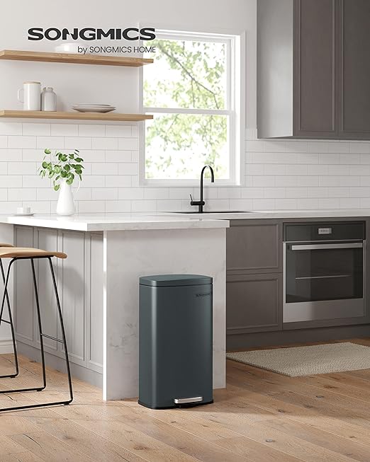 SONGMICS Trash Can with Lid, 8 Gallon Garbage Can, Stainless Steel Small Waste Bin with Step Pedal and Inner Bucket, Soft Close, Kitchen, Greenish Gray ULTB102G01