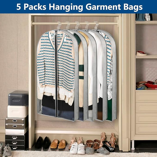 5 Pack 40" Garment Bags for Hanging Clothes Storage, Clear Suit Garment Bags with 4" Gussets for Closet Storage Travel, Plastic Protector for Coat, Jacket, Sweater, Shirts
