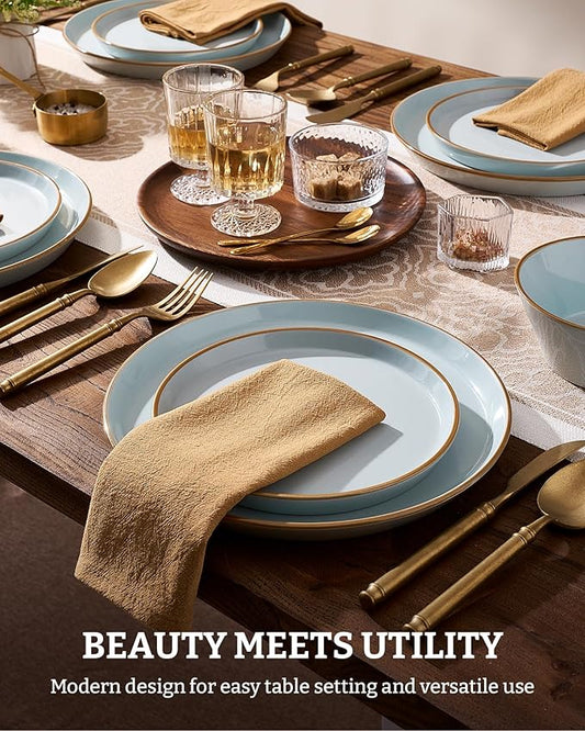 Famiware Saturn Plates and Bowls Dish Sets for 6 (18 Pieces), Stoneware Dinnerware Set with Hand-Painted Trim - Chip & Scratch Resistant, Microwave & Dishwasher Safe Ceramic Dishes, Light Blue