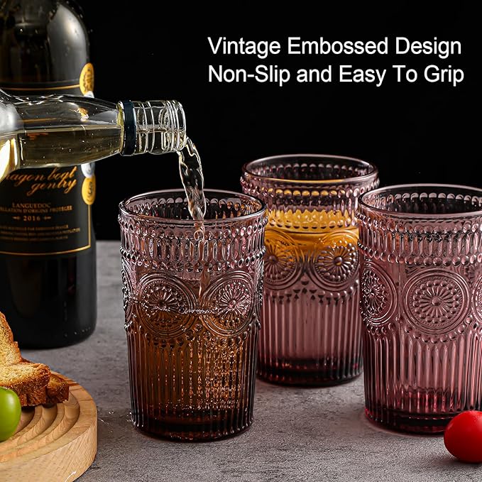 Vintage Glassware Drinking Glasses Set of 6,13 oz Purple Textured Flower Design Glass Water Tumblers,Embossed Striped Drinkware for Water,Cocktails,Juice,Iced Coffee