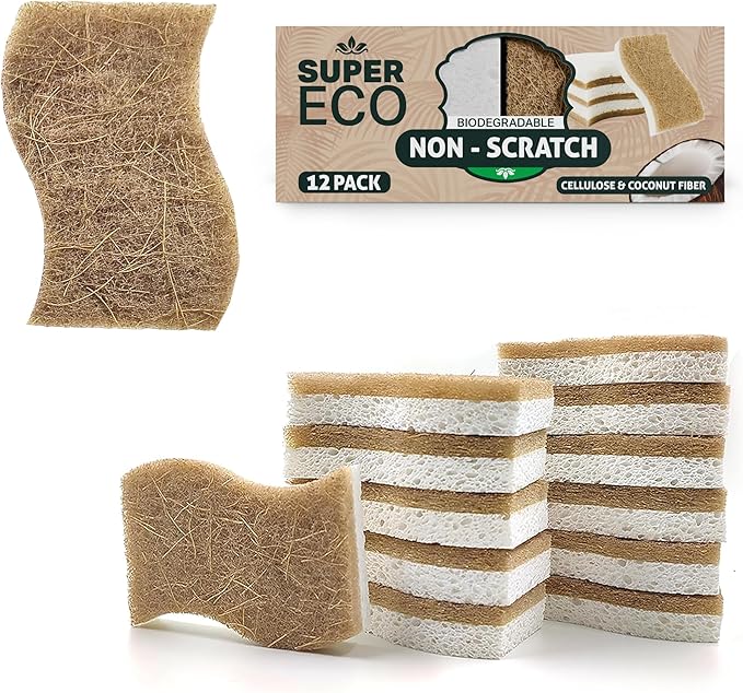 Natural Kitchen Sponges Pack of 12 - Biodegradable Compostable Cellulose & Coconut Scrubber Sponge with Non-Scratch - Long Lasting, Eco Friendly Sponges for Dishes, Heavy Duty Dish Scrubber