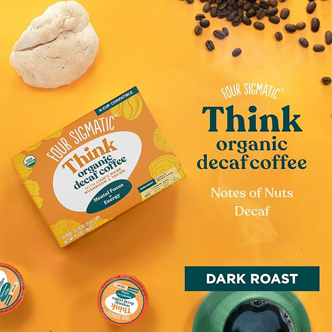 Four Sigmatic Decaf Mushroom Coffee K-Cups | Organic Dark Roast Coffee with Lion’s Mane & Yacon | Focus & Immune Support | Vegan & Keto | Sustainable Pods | 24 Count