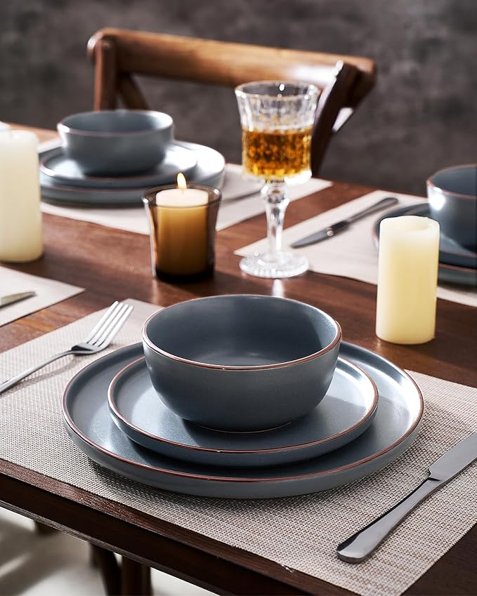 Famiware Mercury Dinnerware Sets with Pasta Bowls, Service for 6 (24 Pieces), Stoneware Plates and Bowls Sets, Microwave and Dishwasher Safe Dishes Set, Charcoal
