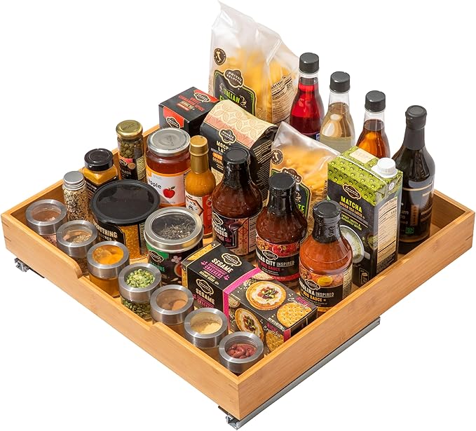 HOLDN’ STORAGE Bamboo Wooden Pull out Cabinet Organizer. 22" W x 21" D - Requires At Least a 23.25" W x 21" D. Cabinet Opening. W/Lifetime Limited Warranty. Bamboo Tray and Heavy gauge metal rails