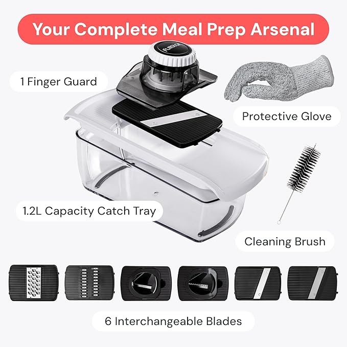 Fullstar Mandoline Slicer for Kitchen, Fruit Cutter, Cheese Grater, Cucumber Slicer, Veggie Spiralizer, Food Cutter & Kitchen Gadgets & Gifts with Safety Glove (6 in 1, White)