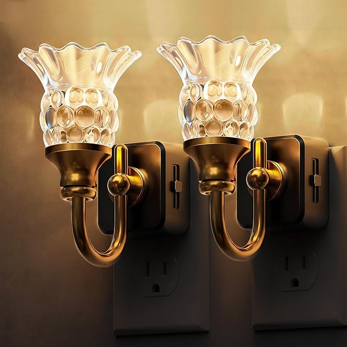 L LOHAS LED Night Lights Plug into Wall, 2 Pack 3000K Soft White LED Floral Night Light with Auto Sensor, 0-100lm Adjustable Brightness Plug in Nightlight, for Hallway Bedroom Stairway Gift