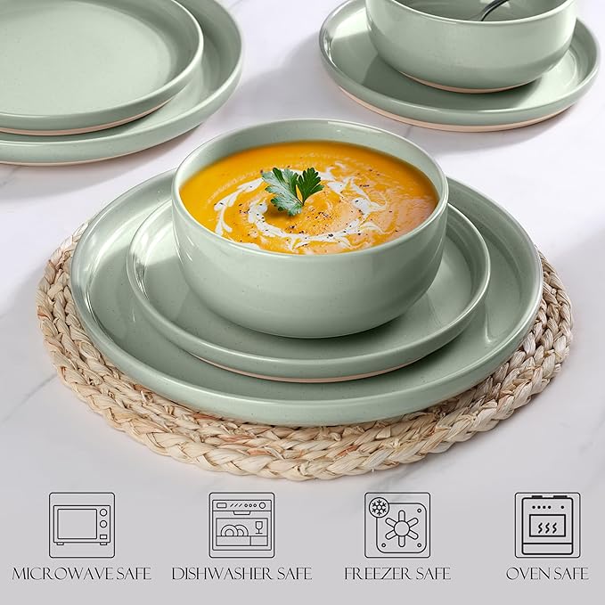 LIANYU Plates and Bowls Sets, 18 Piece Modern Speckled Dinnerware Set, China Dinnerware Dishes, Service for 6, Scratch Resistant & Dishwasher Safe, Fog Green