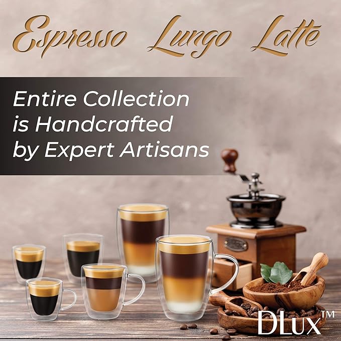 DLux Espresso Coffee Cups 3oz, Double Wall, Clear Glass Set of 2 Glasses with Handles, Insulated Borosilicate Glassware Tea Cup
