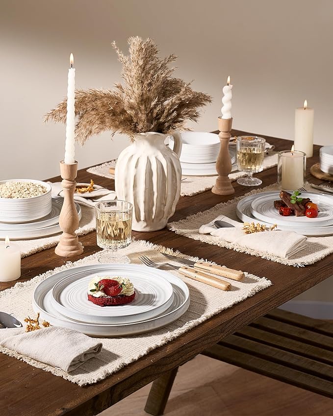 Stoneware Dinnerware Sets, Dish Set for 8, 24 Pieces Spiral Dishware Set with Straight Rim, Speckles & Reactive Glaze - Microwave and Dishwasher Safe Tableware, White