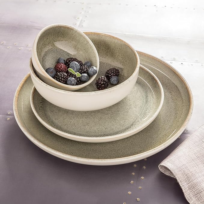 Sango 16-Piece Stoneware Dinnerware Set for 4, Glossy Cream/Green Plates and Bowls Sets with Reactive Glaze, Ceramic Dish Set, Modern Dishes for Everyday Use, Microwave & Dishwasher Safe, Resona Moss