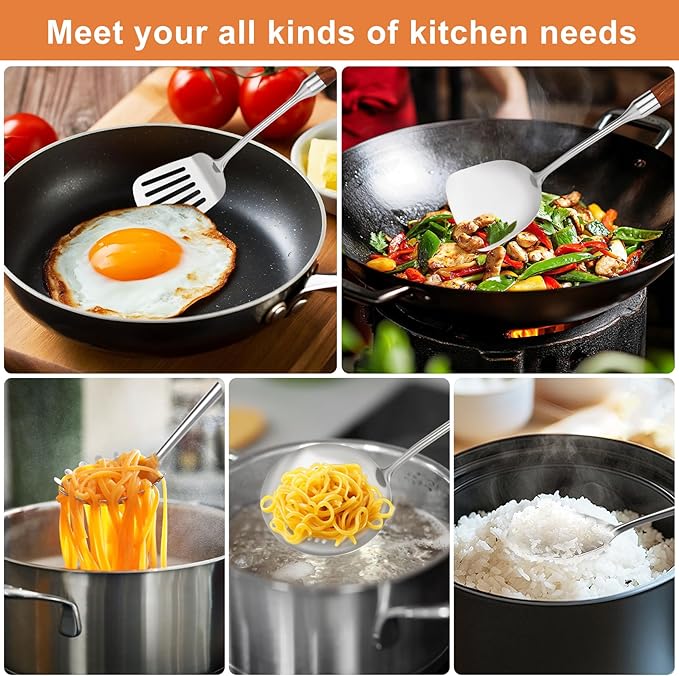 Stainless Steel Kitchen Utensils Set with Wood Handle,10PCS Metal Cooking Utensils Set, Stainless Steel Cooking Utensils Sets Heat Resistant Wok Tools(12-15in)