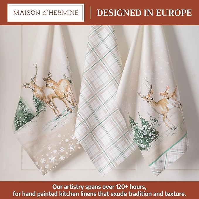 Maison d' Hermine Kitchen Towels Set of 3 100% Cotton 20" x 27.5" Reusable Cloth Tea Dish Towels Absorbent with Hanging Loop for Kitchen Dining Thanksgiving Christmas Decorations (Deer in The Woods)