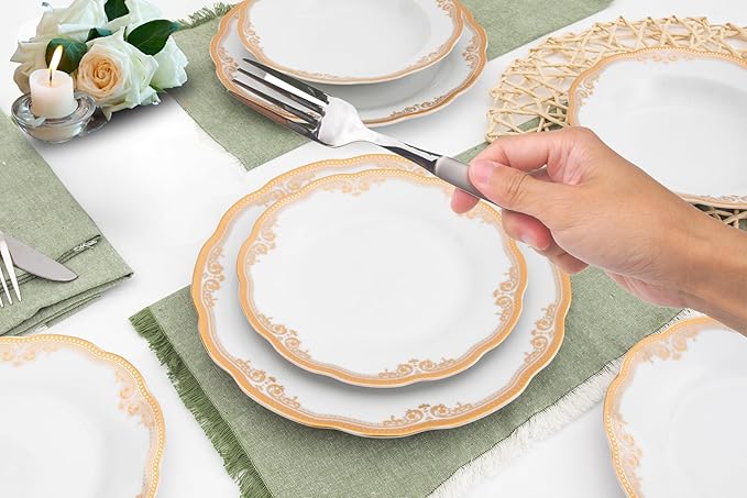 Luxurious Dinnerware Set 12 Piece - Vintage Gold Floral Dish Set - Service for 4 - Gorgeous Kitchen Plates Dishes - Dining Set for Everyday or Formal Occasions (Floral Gold)