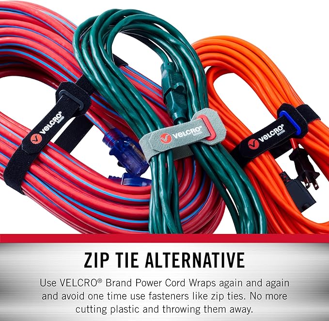VELCRO Brand Power Cord Wraps | 24 Inch Extra Long Heavy Duty Straps for Extension Cords, Hoses, Garage Organization | 2-pack | Reinforced Head with Slotted Grommet | Black and Gray