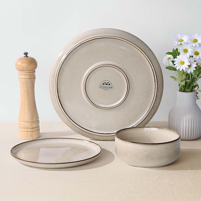 Herogo Stoneware Plates and Bowls Sets for 6, 18 Pieces Modern Round Dinnerware, Reactive Glaze Dishes Set for Kitchen, Chip Resistant, Microwave & Dishwasher Safe, Cream Khaki