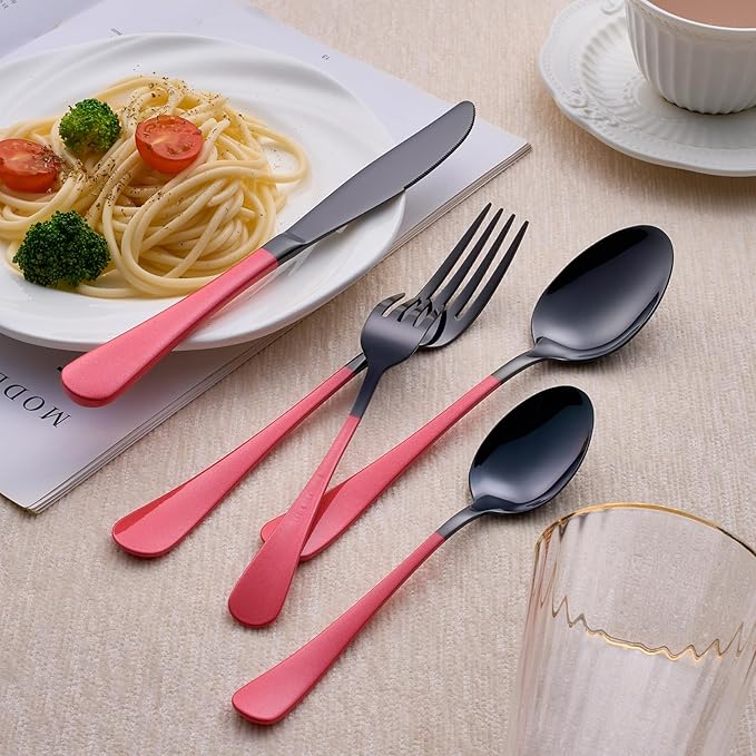 20-Piece Black Silverware Set 18/0 Stainless Steel Silverware Set Pink Handle Cutlery Set Service for 4 Dinner Knives Forks Spoons Set Flatware Set Finish Dishwasher Safe(Black and Pink)