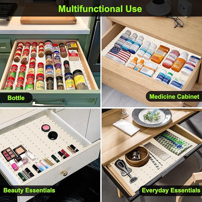 Gosmol Spice Drawer Organizer insert, Adjustable & Non-Slip Silicone Spice Drawer Liner, in Drawer Spice Organizer for Seasoning Jars and Spices Bottles Spice Rack -Pearl
