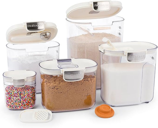 ProKeeper+ Airtight Food Storage Container Set β Clear Plastic Flour and Sugar Canister Set with Magnetic Accessories for Kitchen Organization (White, 9-Piece)