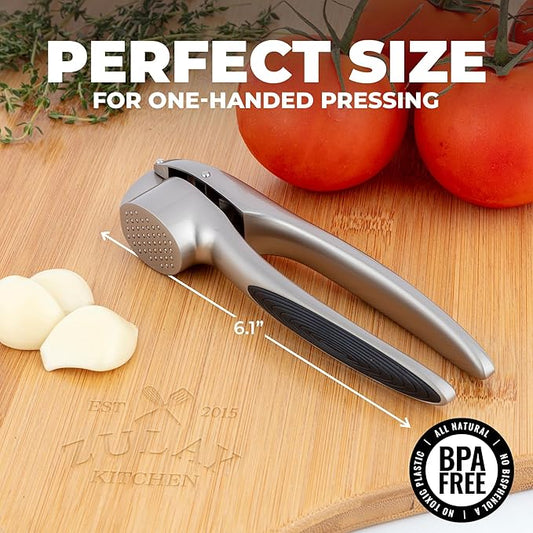 Zulay Kitchen Premium Garlic Press Set β Rust Proof & Dishwasher Safe Garlic Mincer Tool with Silicone Garlic Peeler & Brush, Easy Squeeze & Clean, Ergonomic Soft Grip Handle - Medium β Silver