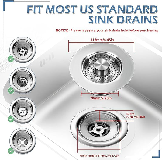 3 in 1 Kitchen Sink Drain Strainer ,304 Stainless Steel Kitchen Sink Stopper and Basket,Long-Term Water Storage,Bass Bounce Core,General,Filter for Standard 3-1/2 inch Drain (2-Pack)