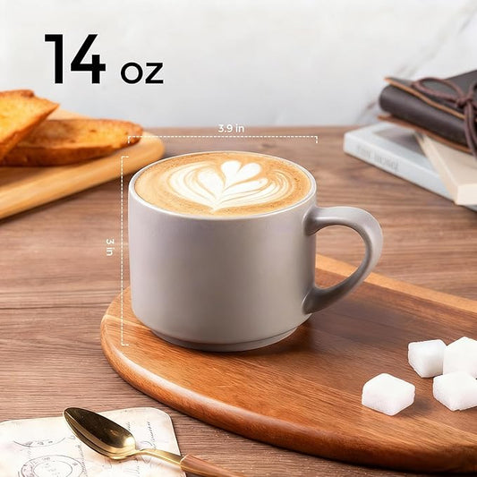 GBHOME 14 OZ Coffee Mugs Set of 6, Stackable Ceramic Mugs for Men, Women, Modern Coffee Mugs With Stable Base for Latte, Tea, Cappuccino. Dishwasher & Microwave Safe, Matte Gray