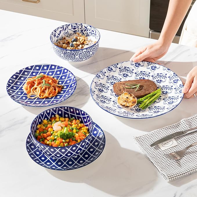 Sweejar Plates and Bowls Set for 4, 12 Pieces Handmade Ceramic Dinnerware Sets, Highly Scratch Resistant Dishes Set for Kitchen, Porcelain Dishwasher & Microwave Safe Dishes Set (Vintage Blue)