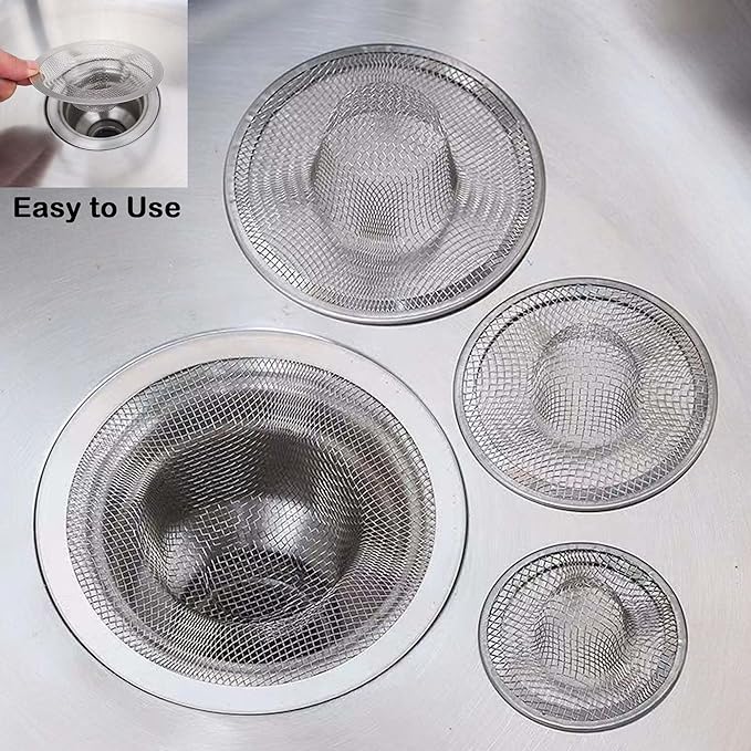 Bathroom Mesh Sink Drain Strainer Screen, 15PCS Drain Mesh Basket Cover Stainless Steel Slop Basket Filter Trap Tub Drain Screen Hair Catcher for Shower Utility Drain (2.125''&2.75"&4.41'')