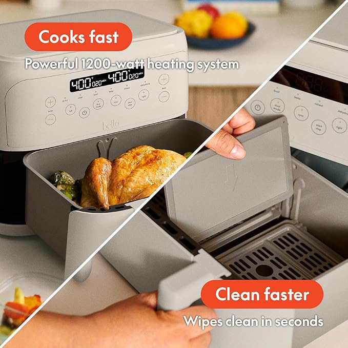 bella 4 Qt TriZone Air Fryer, EverGood™ Ceramic Nonstick Coating, Dual Basket Design w Removable Divider, Digital Touchscreen Control w 6 Preset Cooking Options, 1200 Watt, 3lb Capacity, Oatmilk