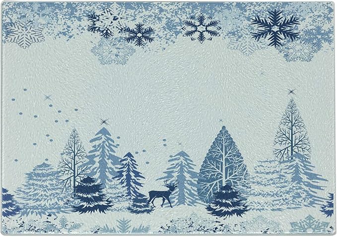 Ambesonne Winter Cutting Board, Cold Scene Deer Frozen Trees and Snow Christmas Season Pine Trees Bushes, Decorative Tempered Glass Cutting and Serving Board, Small Size, White Blue