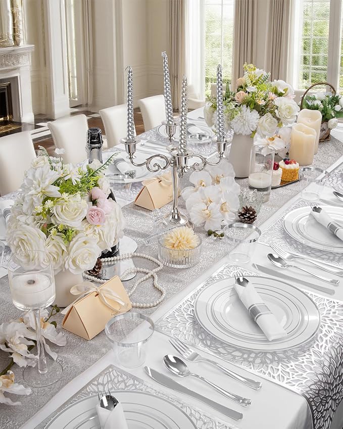 175PCS Sliver Plastic Plates - Christmas Plates Disposable - White Plate with Silver Trim 25Guests Plastic Dinnerware Sets with Rolled Napkins for Wedding/Birthday/Christmas