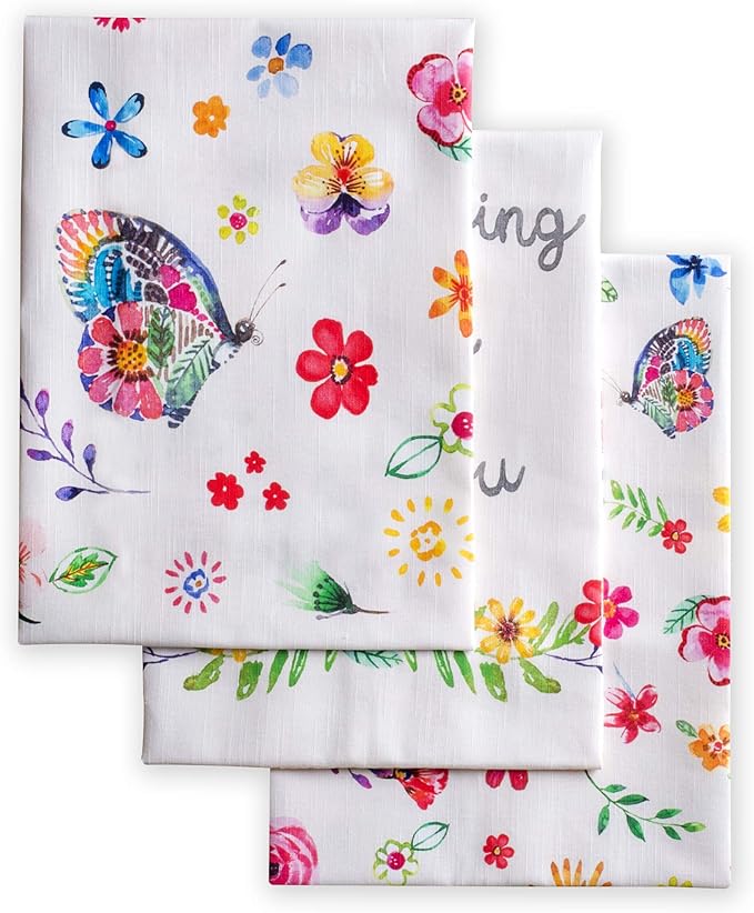 Maison d' Hermine Kitchen Towels Set of 3 100% Cotton 27.50" x 20" Reusable Cloth Tea Dish Towels Absorbent with Hanging Loop for Kitchen, Cocktail Parties Spring/Summer (Happy Florals - Sweety)