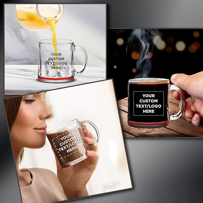 Custom Libbey Clear Glass Coffee Mugs 13 oz. Set of 10, Personalized Bulk Pack - Perfect for Coffee, Tea, Espresso, Hot Cocoa, Other Beverages - Red Bottom